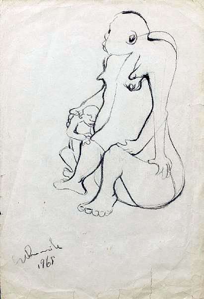 Mslaba DUMILE "Mother and child", 1965 - pencil sketch 29.8x20.2 (20x13) cm (Coll. Oliewenhuis Art Museum)