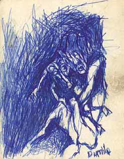 DUMILE "Frightened", undated - blue ball point on board (double-sided)
